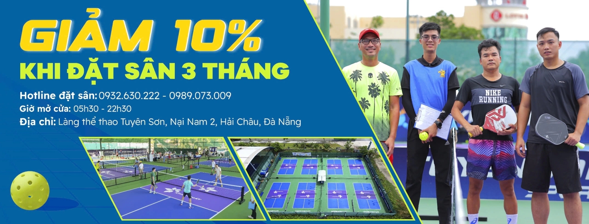 Promotional banner for Tuyen Son Sport Pickleball with four men holding paddles and small inset photos of courts