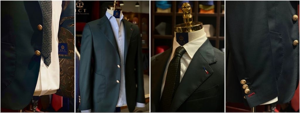 NCT Tailor collage of dark navy blazers with gold buttons displayed on mannequins with a white shirt and dark knit tie