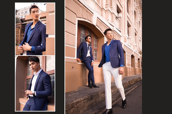 Collage of young men modeling tailored blue suits and blazers posing on a sunny city street with classic buildings