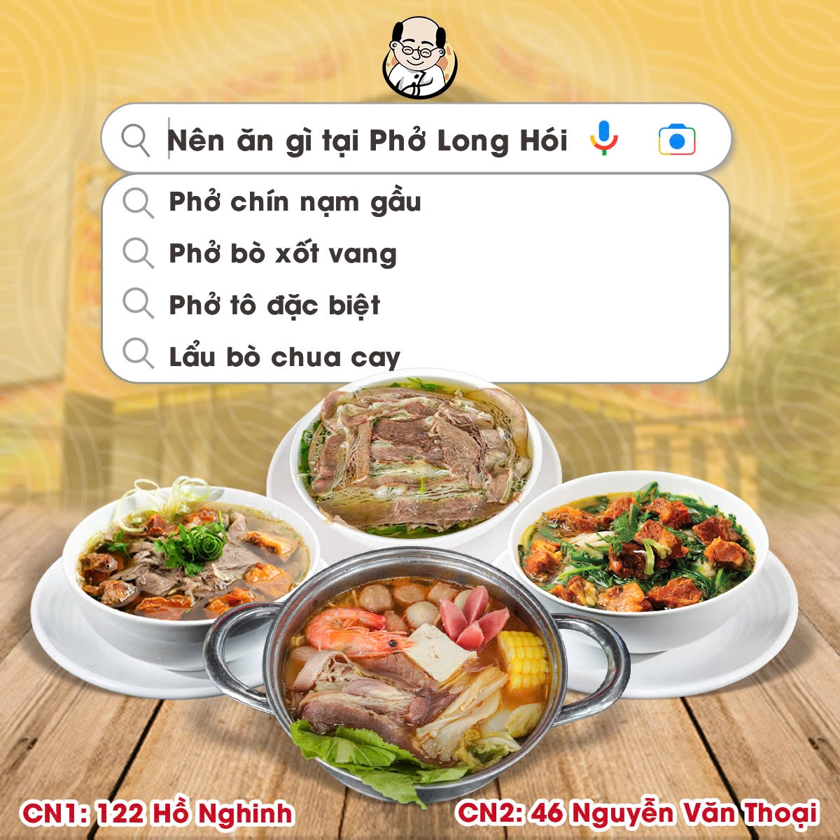 Pho Long Hoi promotional graphic showing a Vietnamese menu and four bowls of pho and hotpot dishes