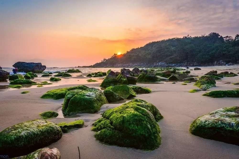Sunrise over Nam O Beach with green moss-covered rocks scattered across the sand and a forested headland