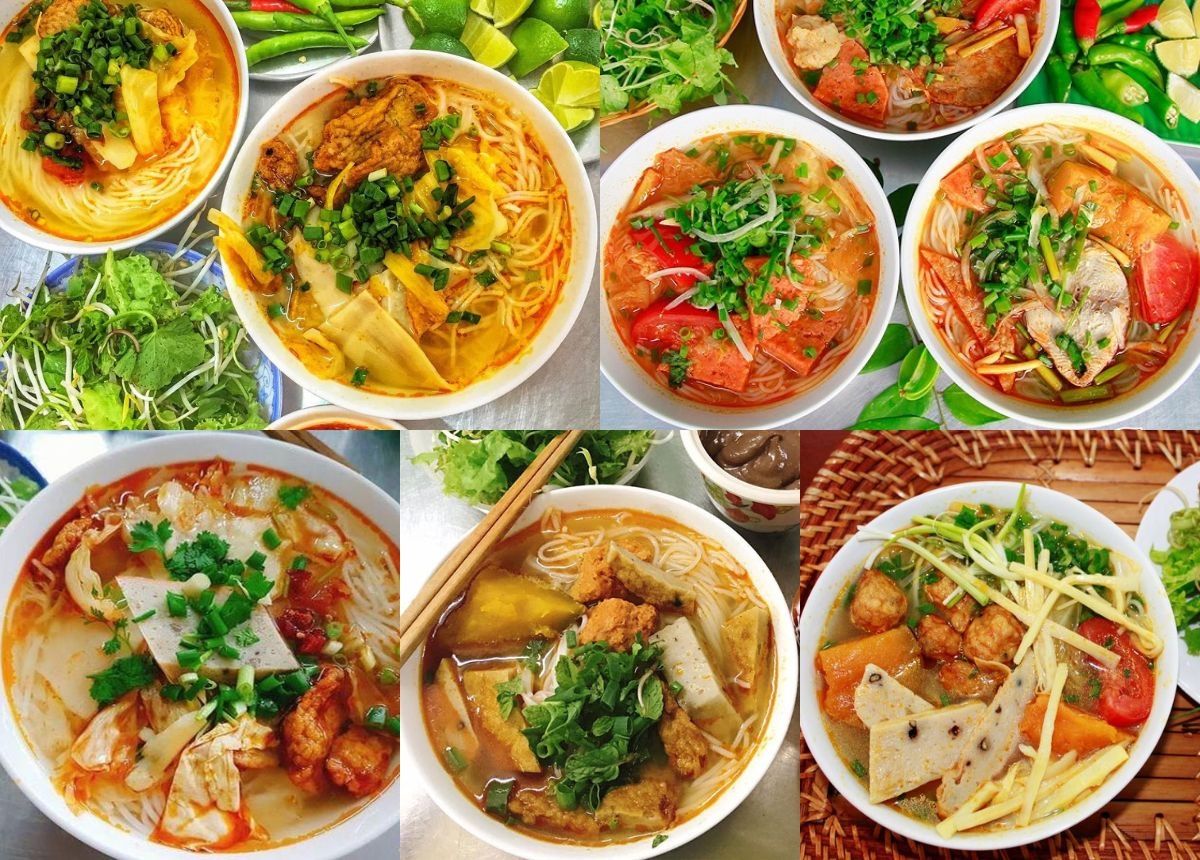 Collage of several bowls of fish cake noodle soup topped with sliced fish cakes, tomato and green onions