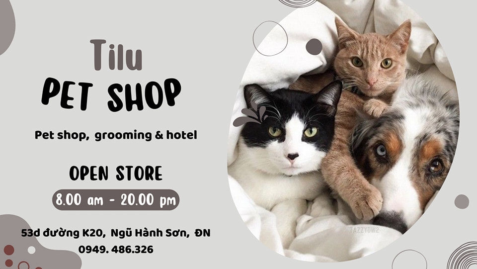 Tilu Pet Shop banner showing two cats and a dog cuddling together with store hours and address details