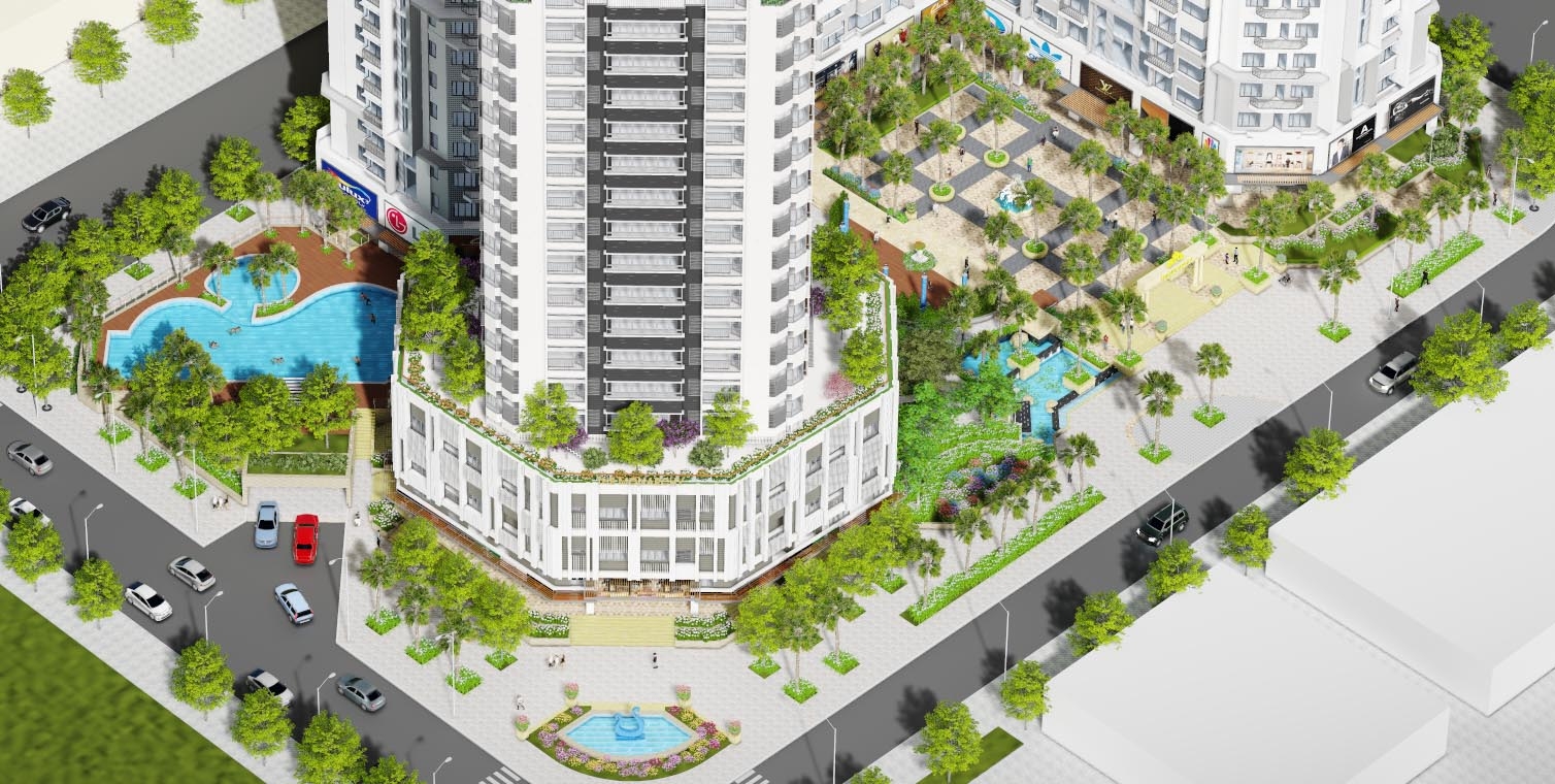 Aerial render of a residential high-rise tower with a curved podium, outdoor swimming pool and landscaped gardens beside city streets