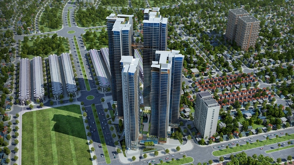 Aerial render of clustered glass skyscraper towers surrounded by rows of townhouses, green parks and wide roads