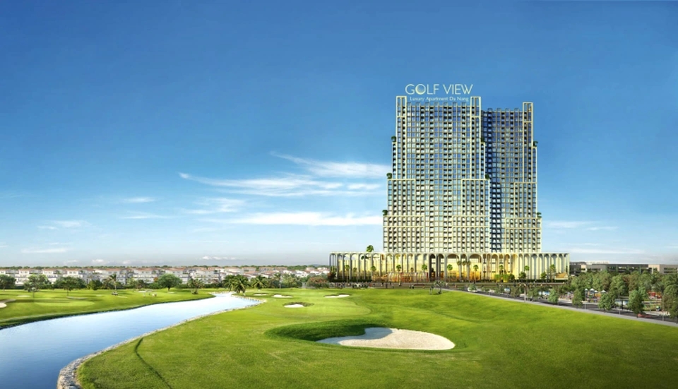 Render of the golden Golf View Luxury Apartment Da Nang high-rise tower beside a green golf course with water hazards and sand bunkers