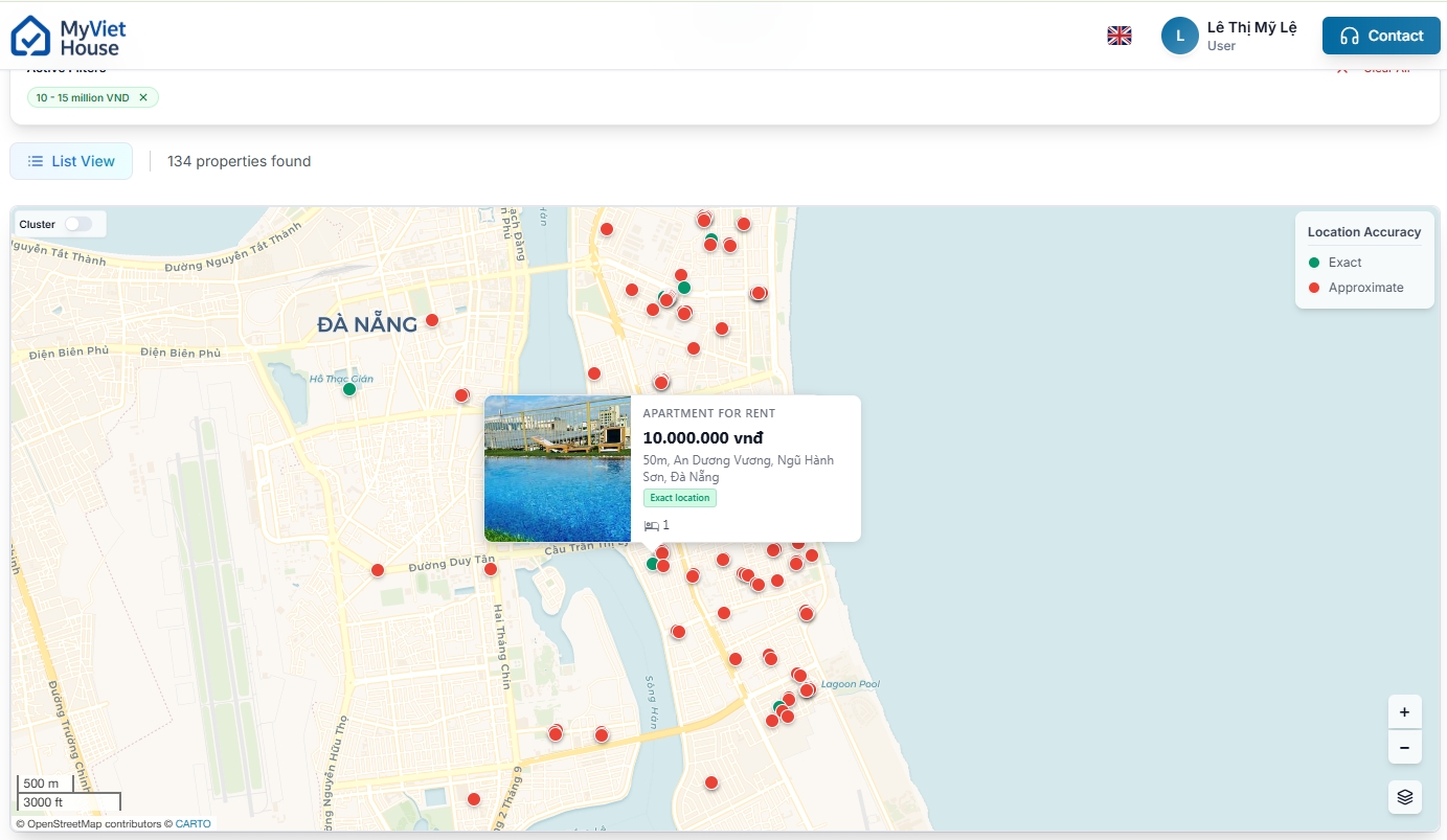 MyVietHouse map view of Da Nang with red and green property markers and an apartment price popup card