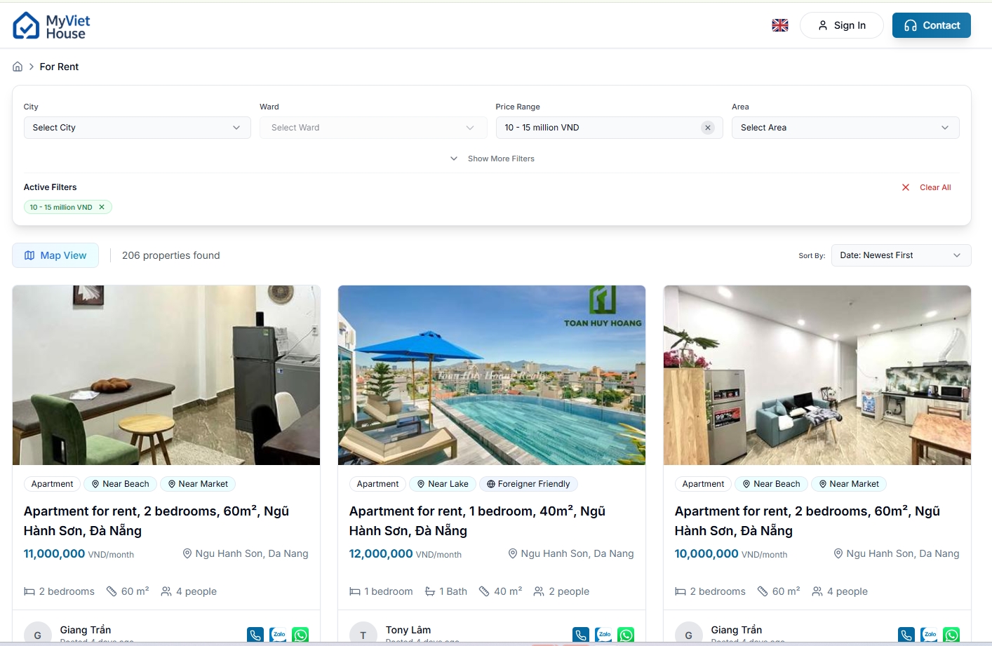 MyVietHouse For Rent page showing search filters and apartment listing cards for Da Nang properties
