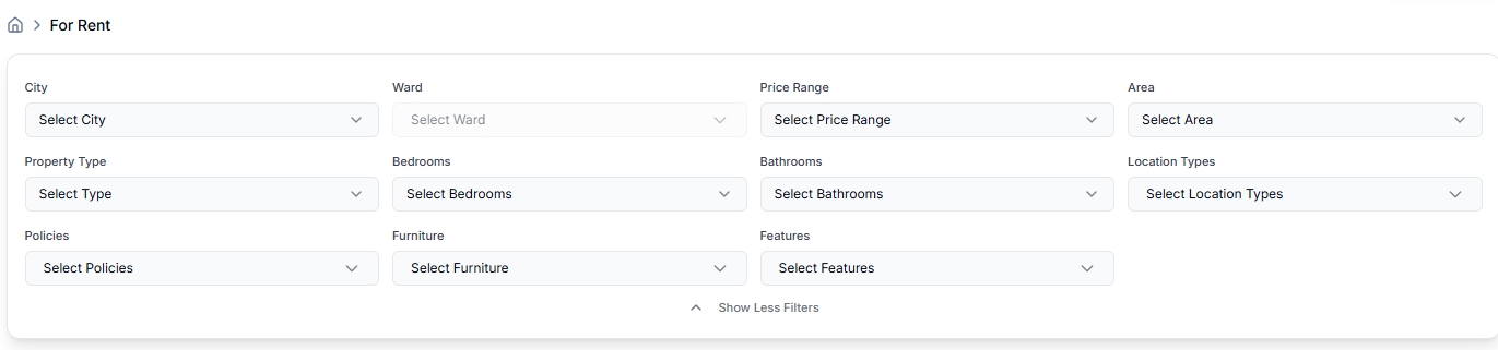 Expanded MyVietHouse search filters with dropdowns for city, ward, price, property type, bedrooms and features
