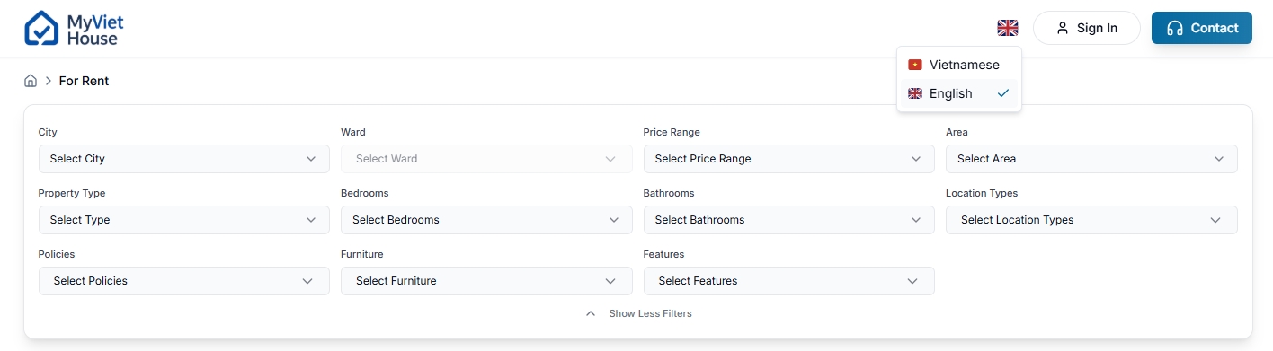 MyVietHouse language menu open showing Vietnamese and English options with English selected