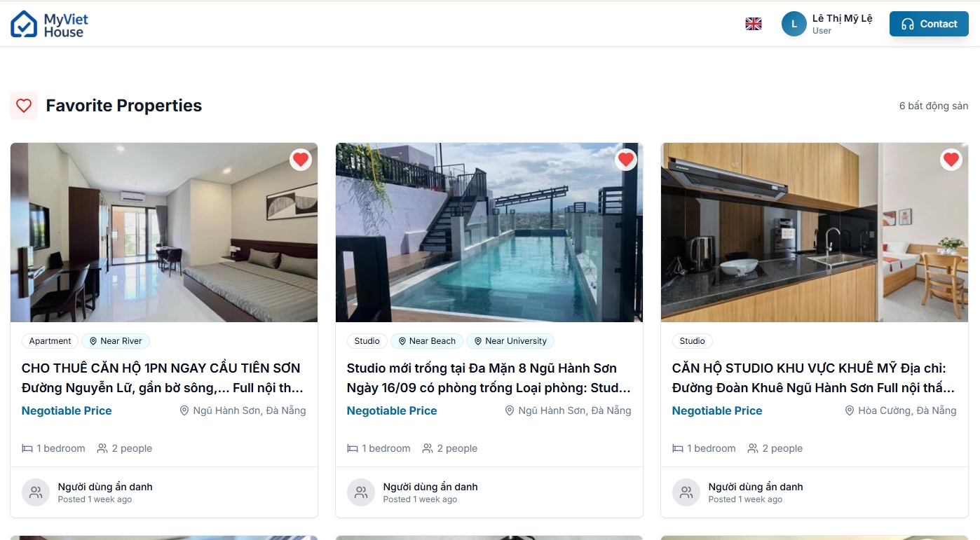 Logged-in MyVietHouse Favorite Properties page showing saved apartment and studio listings with red heart icons