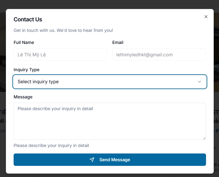 MyVietHouse Contact Us popup form with fields for full name, email, inquiry type and message